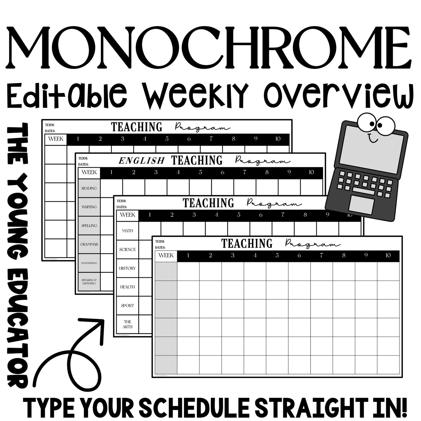 MONOCHROME Editable Term X 10 Weekly Planning Overview/ Teacher Organisation Document / Digital Planning / Minimalist Teacher