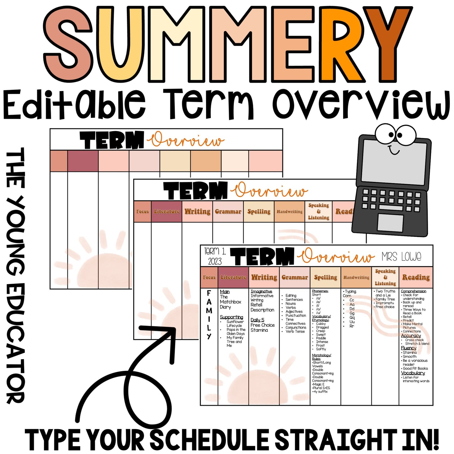 SUMMERY Editable Term Curriculum Overview / Teacher Organisation Document / Digital Planning / Neutral Colours /Boho Teacher /Boho Classroom