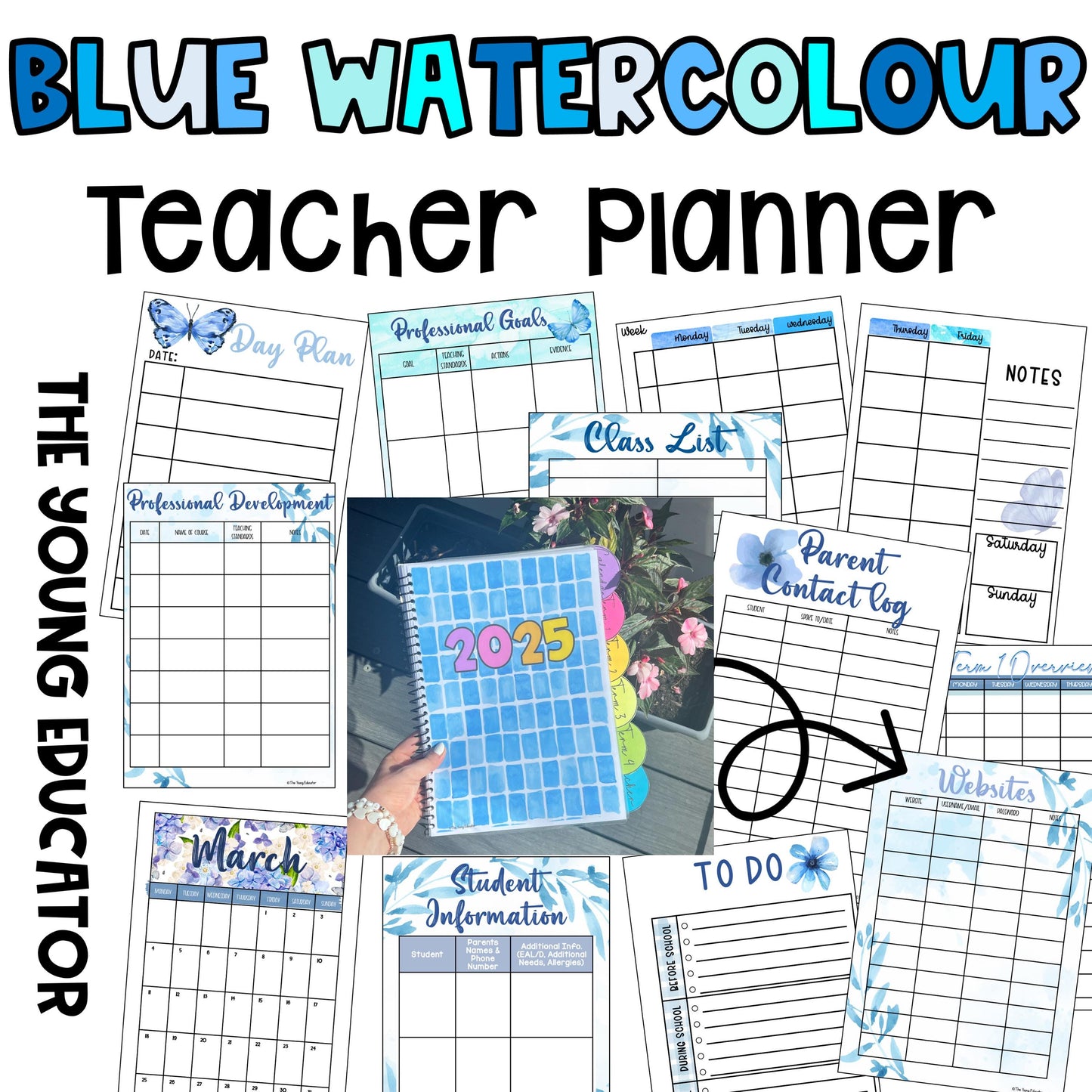 2025 & 2026 Blue Watercolor Teacher Planner Paper Dateless *LIFETIME UPDATES*