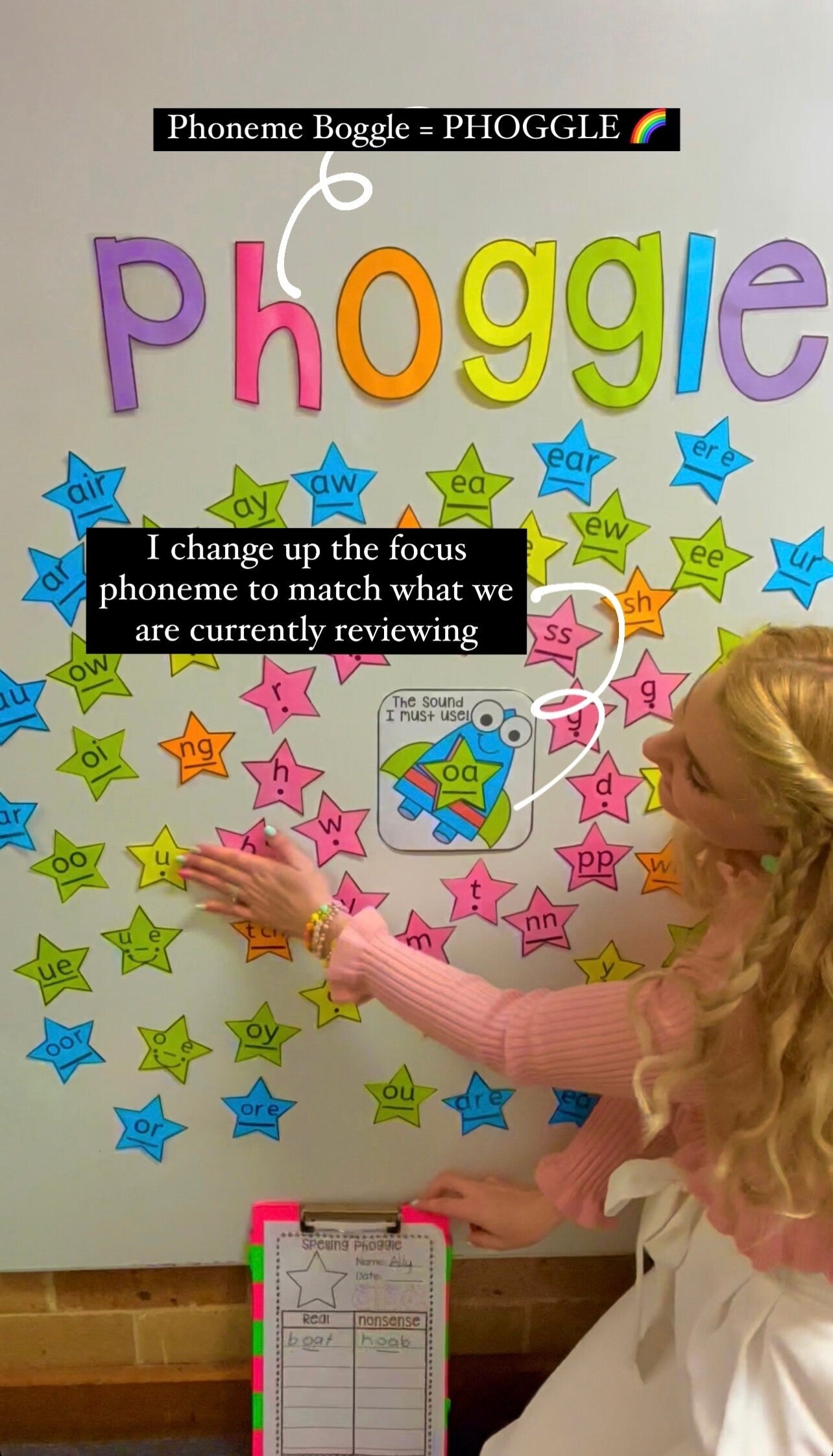 Literacy center phonics activity – an engaging spelling game for kids that reinforces phonemes and graphemes.
