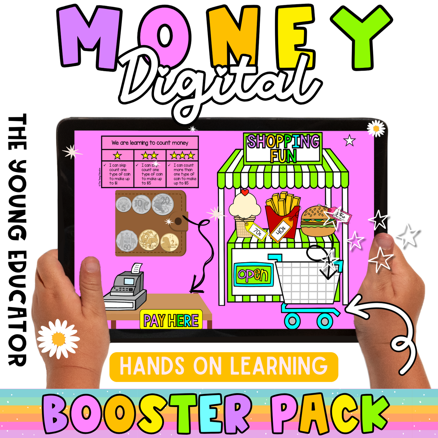 Money digital booster pack with interactive Google Slides for kids to practice counting and identifying coins.