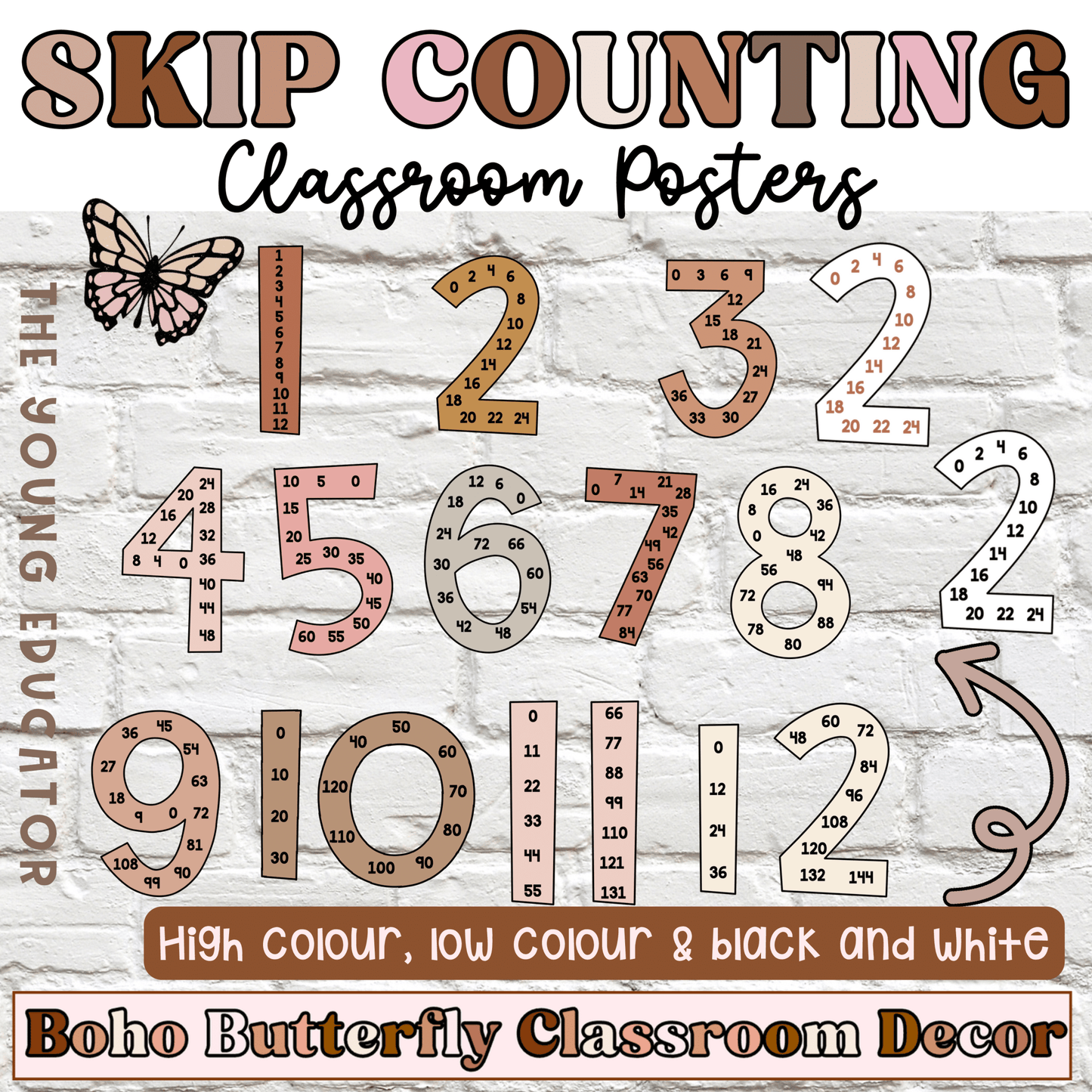 Neutral skip counting number posters with Boho Butterfly theme for classroom math decor.