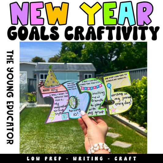 New Year 2025 goal setting activity for kids to reflect and set intentions for the year.