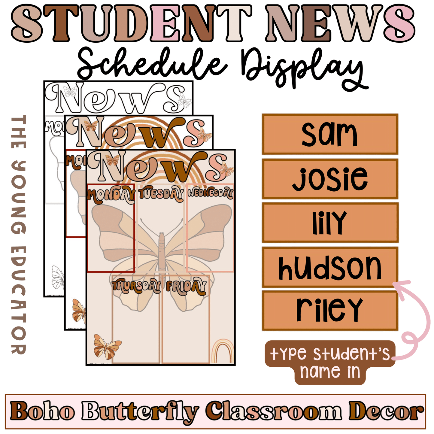 Vibrant boho butterfly News Day Display for Classroom with a structured student presentation schedule.