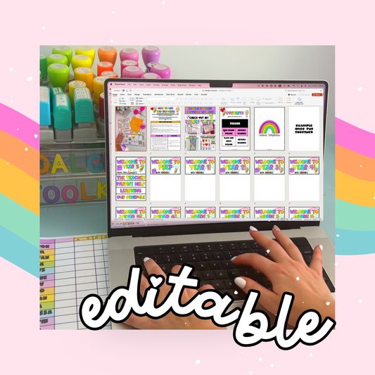 Parent flip book for Open House and Meet the Teacher Night with customizable sections.