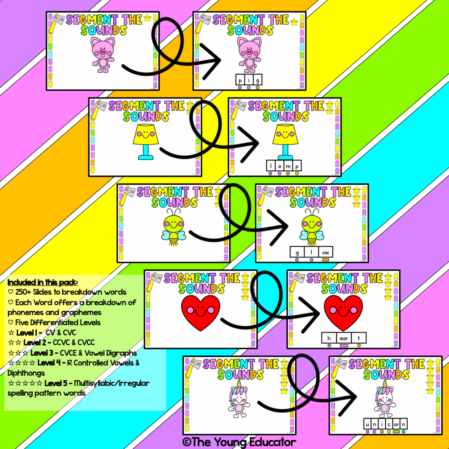 Phonemic Awareness Sound Segmentation slides for interactive phonics learning.