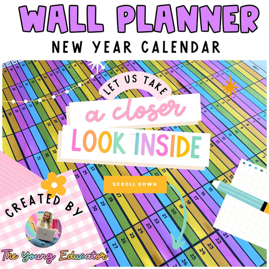 Printable 2025 yearly calendar with a vibrant rainbow design. Perfect for home, office, or classroom planning.