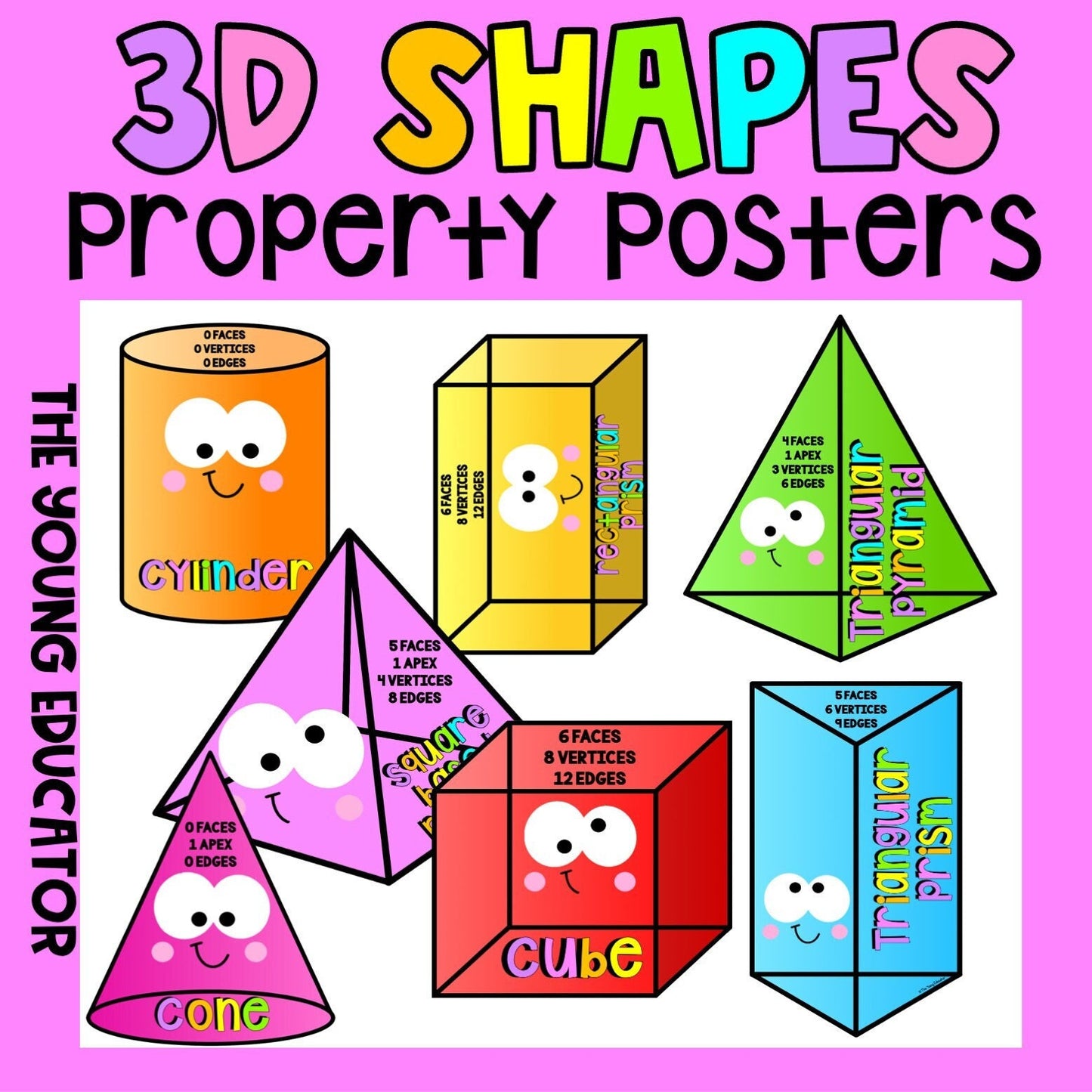 Printable 3D shape posters for classroom display, featuring colorful visuals of 3D objects like cubes, cones, and spheres to support interactive learning.