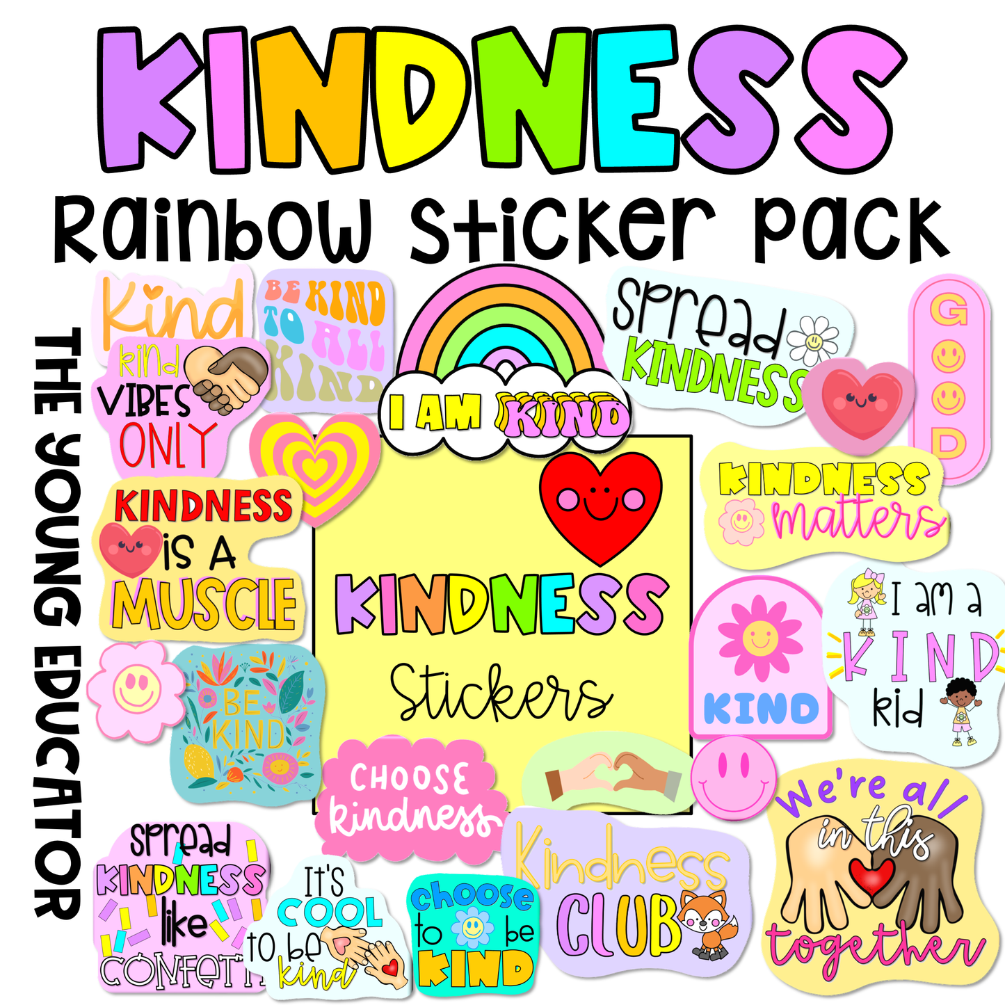 Printable Kindness Stickers for Kids with rainbow designs for positivity
