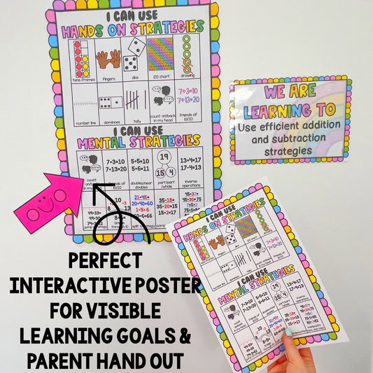 Printable math problem-solving strategies posters for addition and subtraction, ideal for classrooms and student learning.