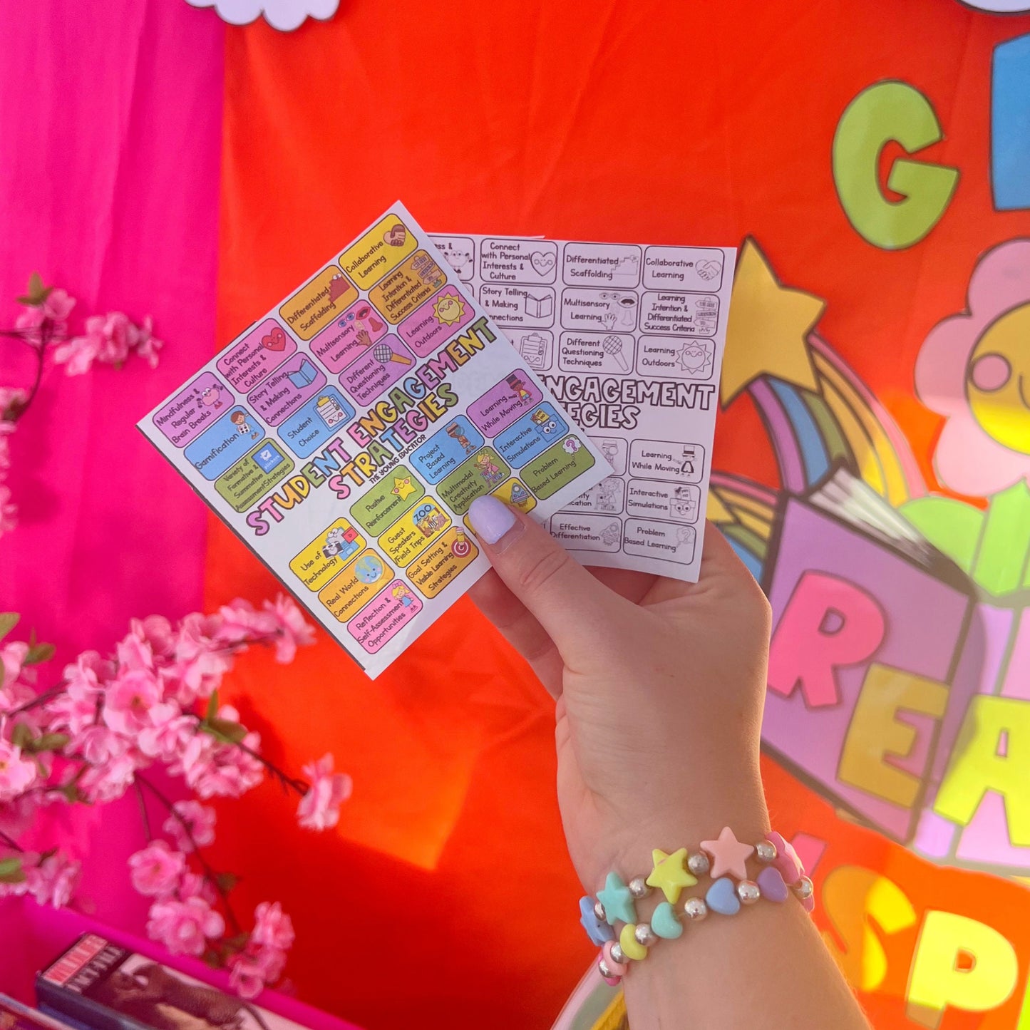 Professional learning for teachers poster with engagement techniques for student motivation.