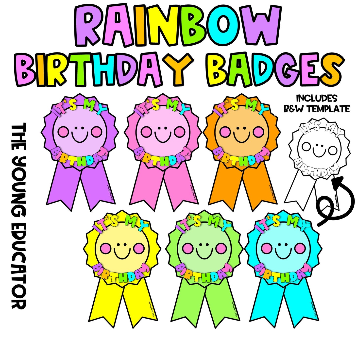 Rainbow birthday badges – printable celebration badges for kids’ birthdays. Perfect for classroom birthday fun.