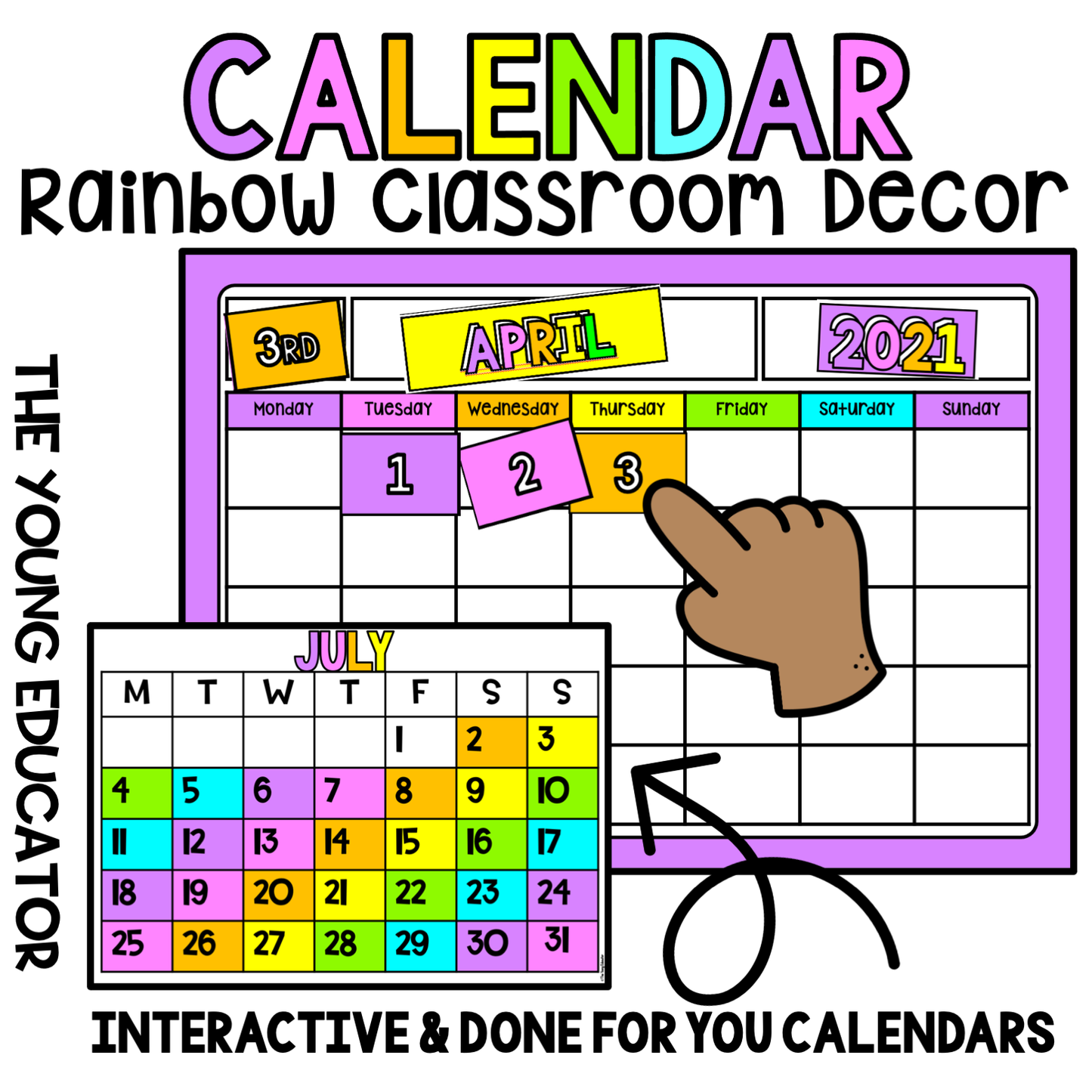 Interactive rainbow calendar for classroom with Velcro pieces for hands-on learning.