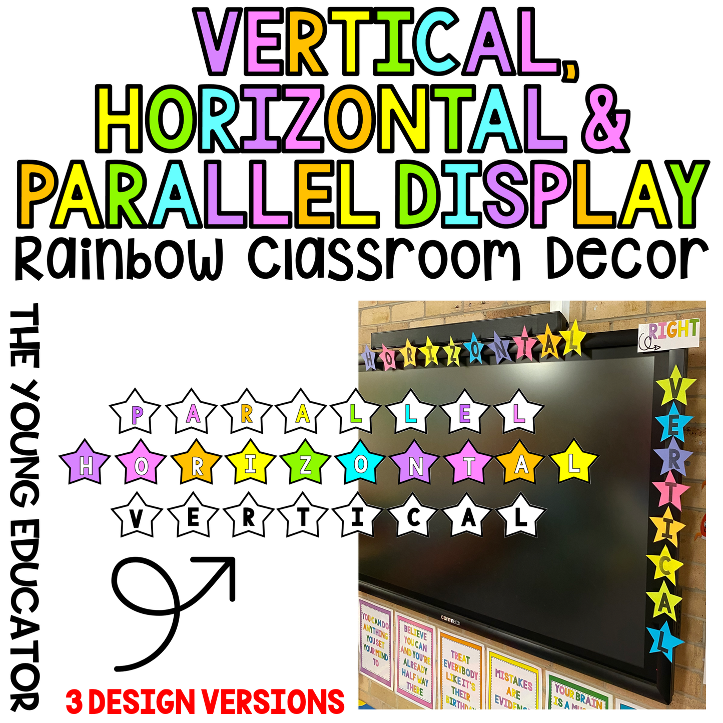 Rainbow Classroom Display for teaching vertical, horizontal, and parallel lines in math.