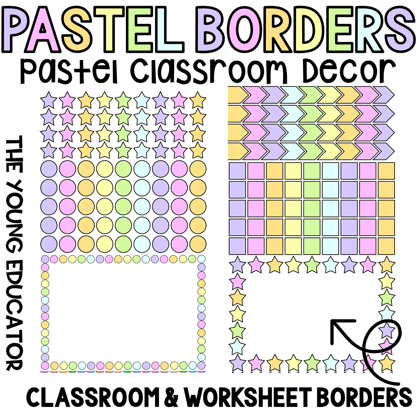 Rainbow Pastel Classroom Decor with stylish bulletin board borders for a colorful theme.