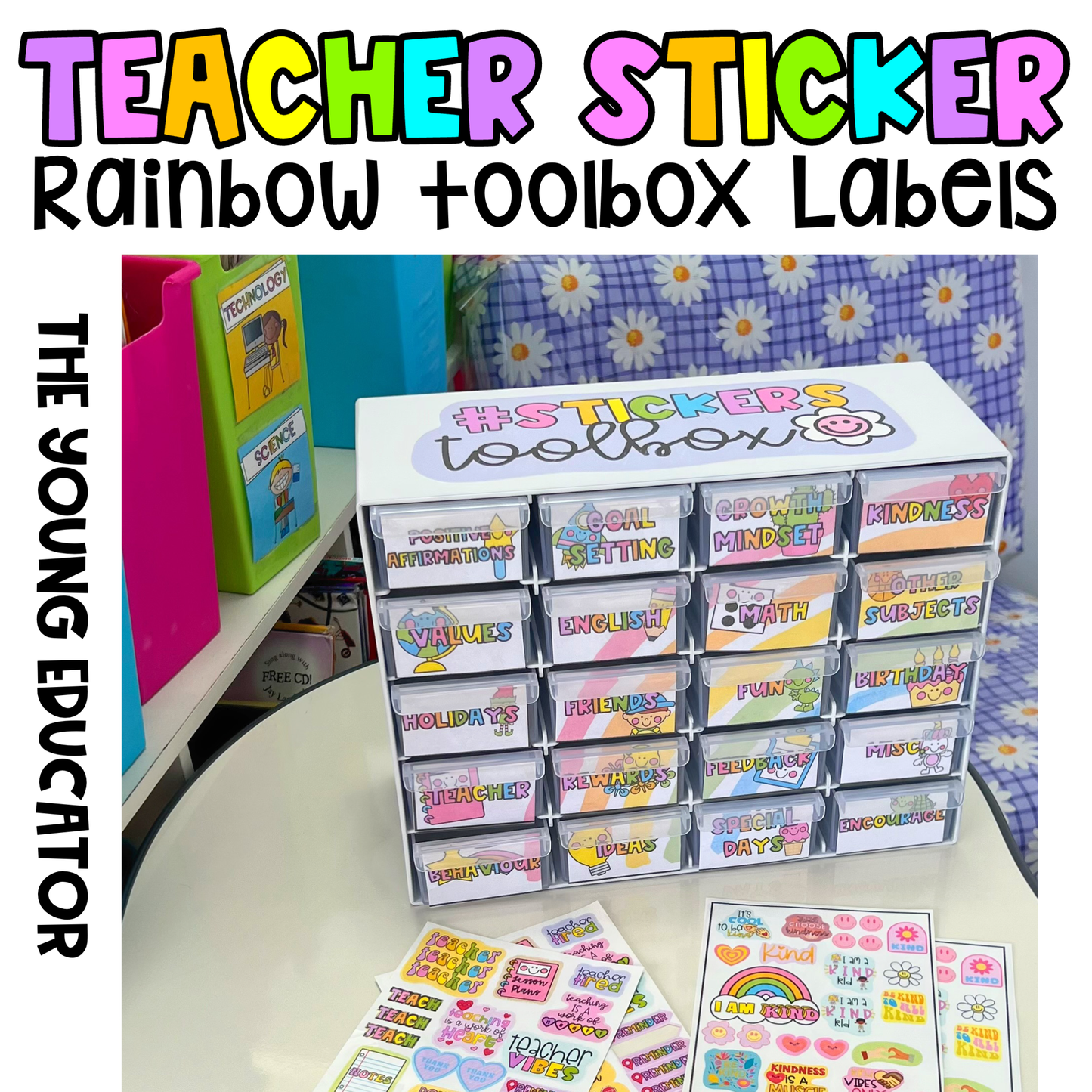 Rainbow Sticker Toolbox Labels for organizing teacher stickers in a bright and fun way.