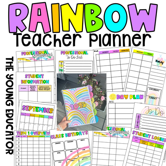 Rainbow teacher planner featuring month and term overviews, student profiles, and lesson planning pages.
