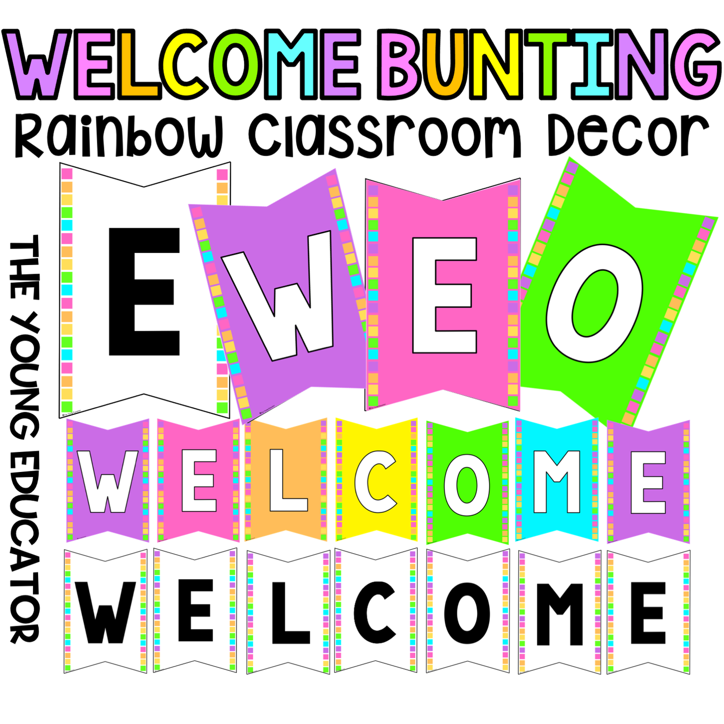 Rainbow Welcome Bunting for colorful classroom decor and event decorations.