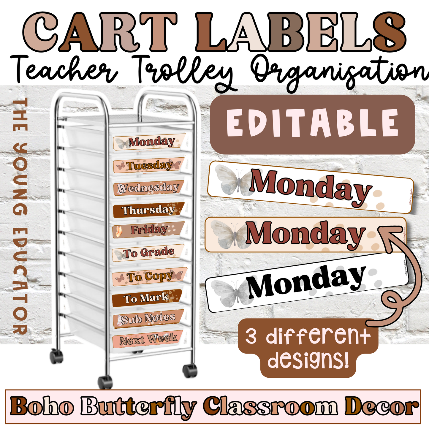 Rolling cart labels for classroom organization in a Boho Butterfly theme.