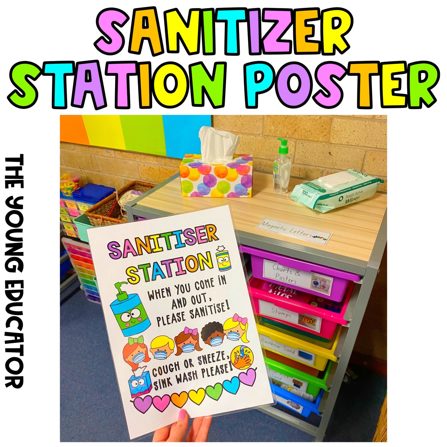 Sanitizer Station Poster for classroom hand hygiene awareness and safety.
