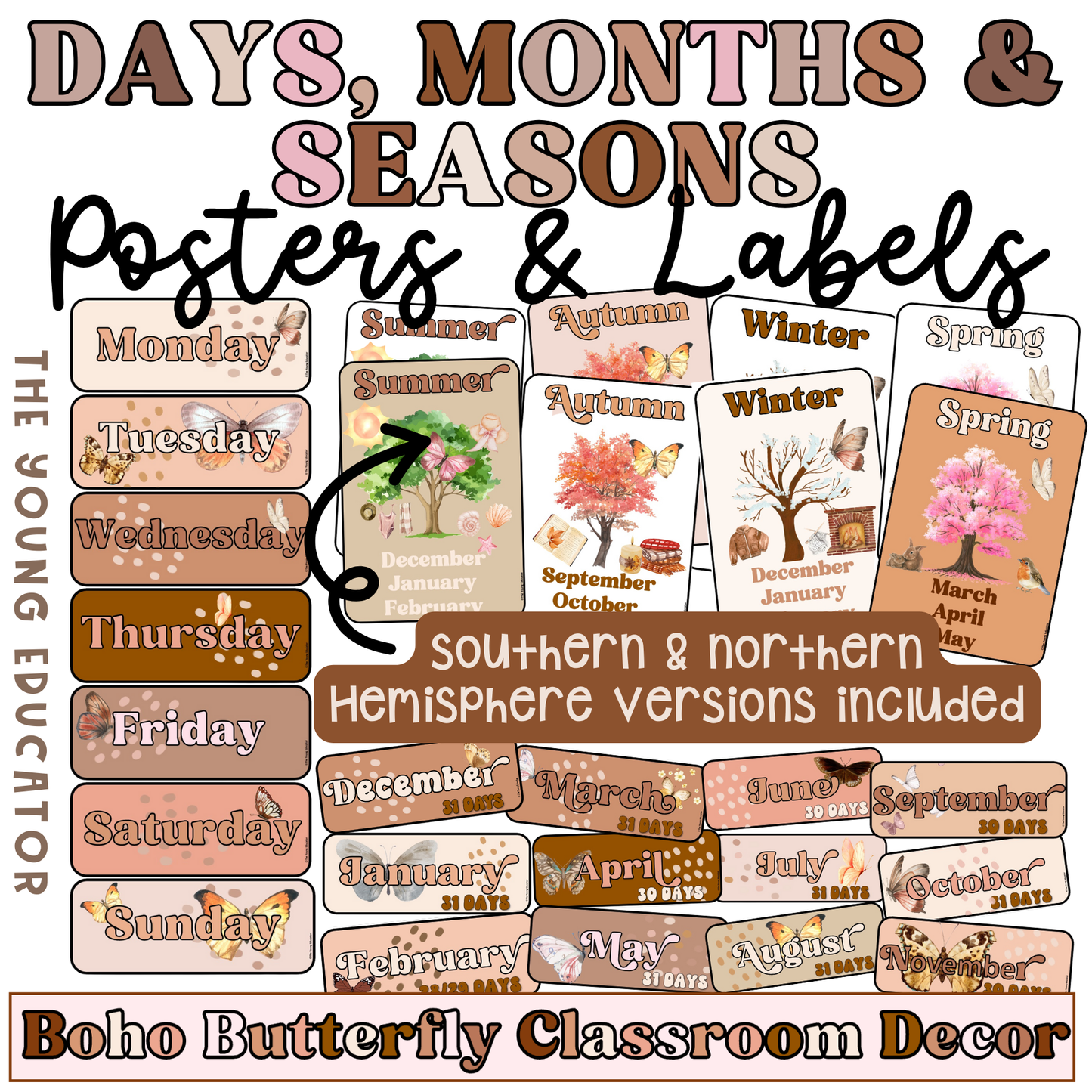 Season-themed display posters for classrooms featuring Boho Butterfly design.