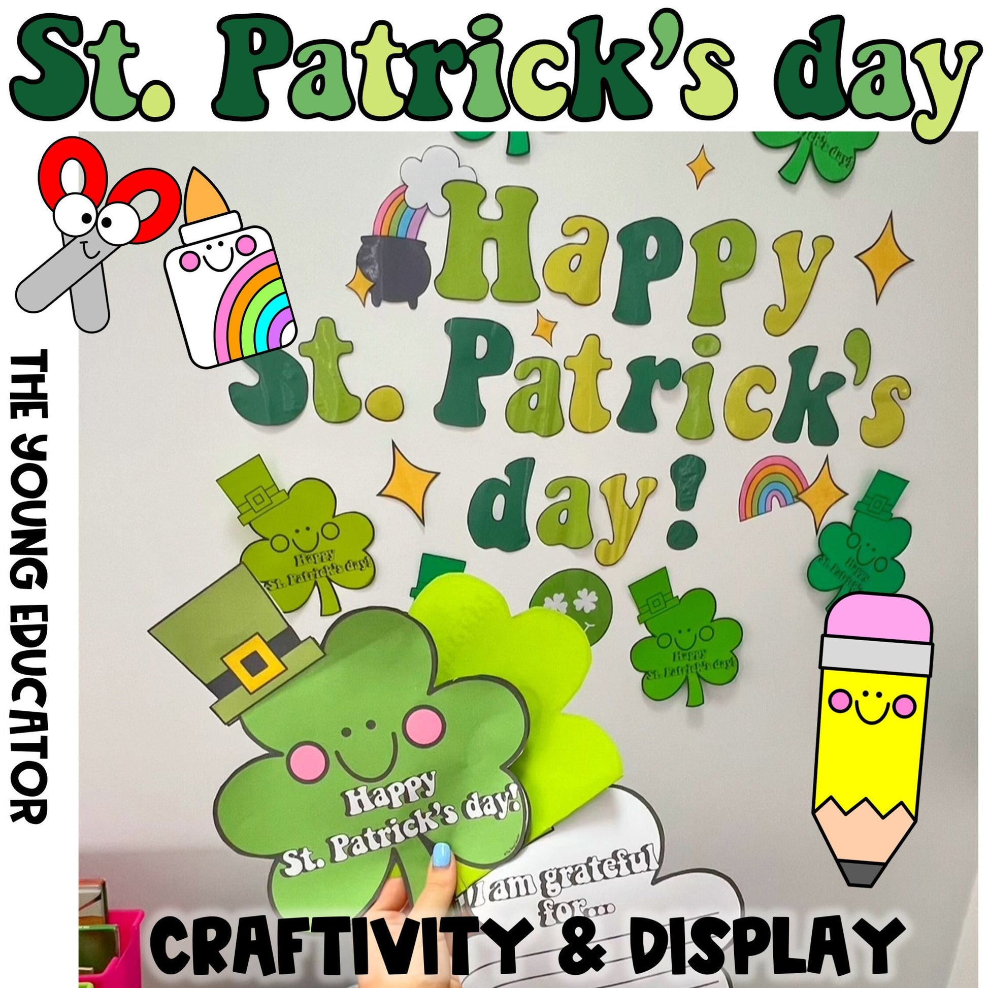 St. Patrick's Day classroom display with bunting, shamrock craft, and writing prompts for holiday-themed learning.