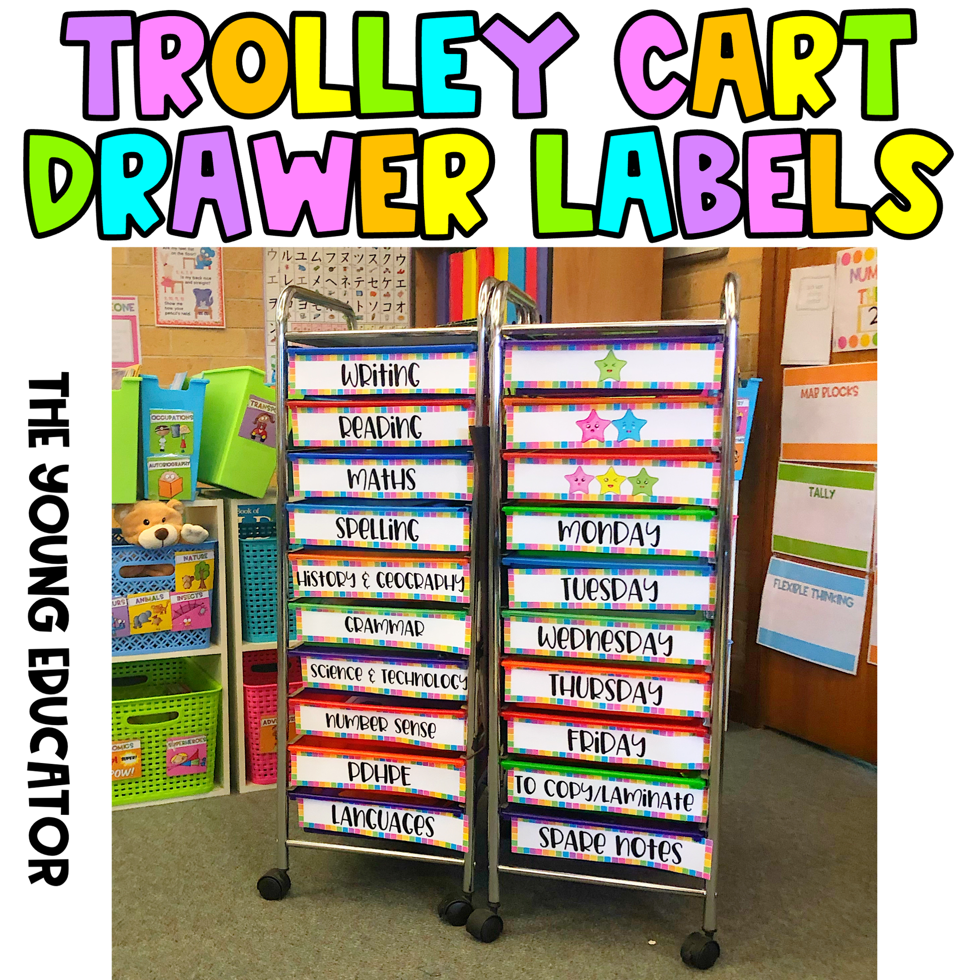 Storage Cart Labels to keep lesson plans, subject materials, and school supplies neatly stored.