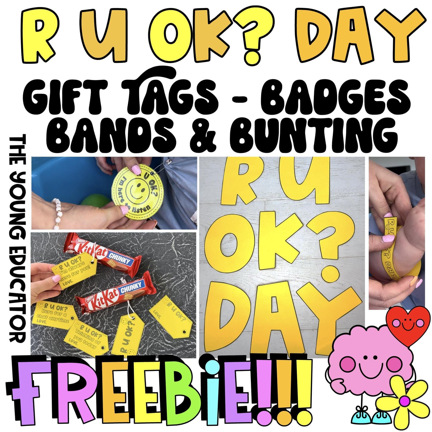 Free Teaching Pack Printables for R U OK? Day, including badges, wristbands, and classroom decorations.