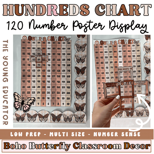 120 Chart Poster for Classroom featuring a boho butterfly theme for number sense and counting activities.