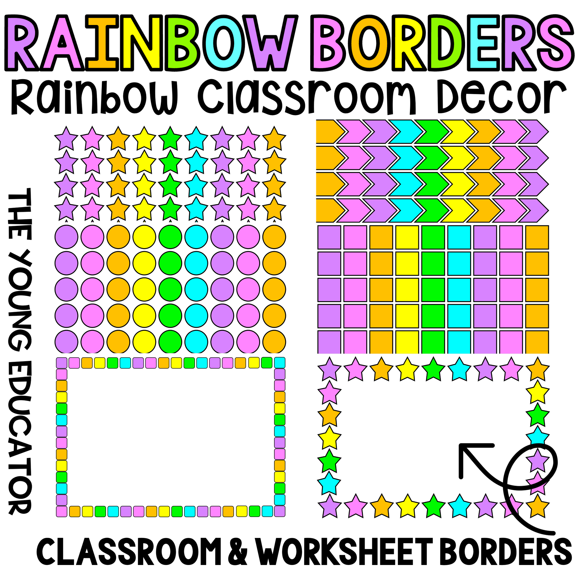 Rainbow Classroom Decor with vibrant bulletin board borders for kids and teachers.
