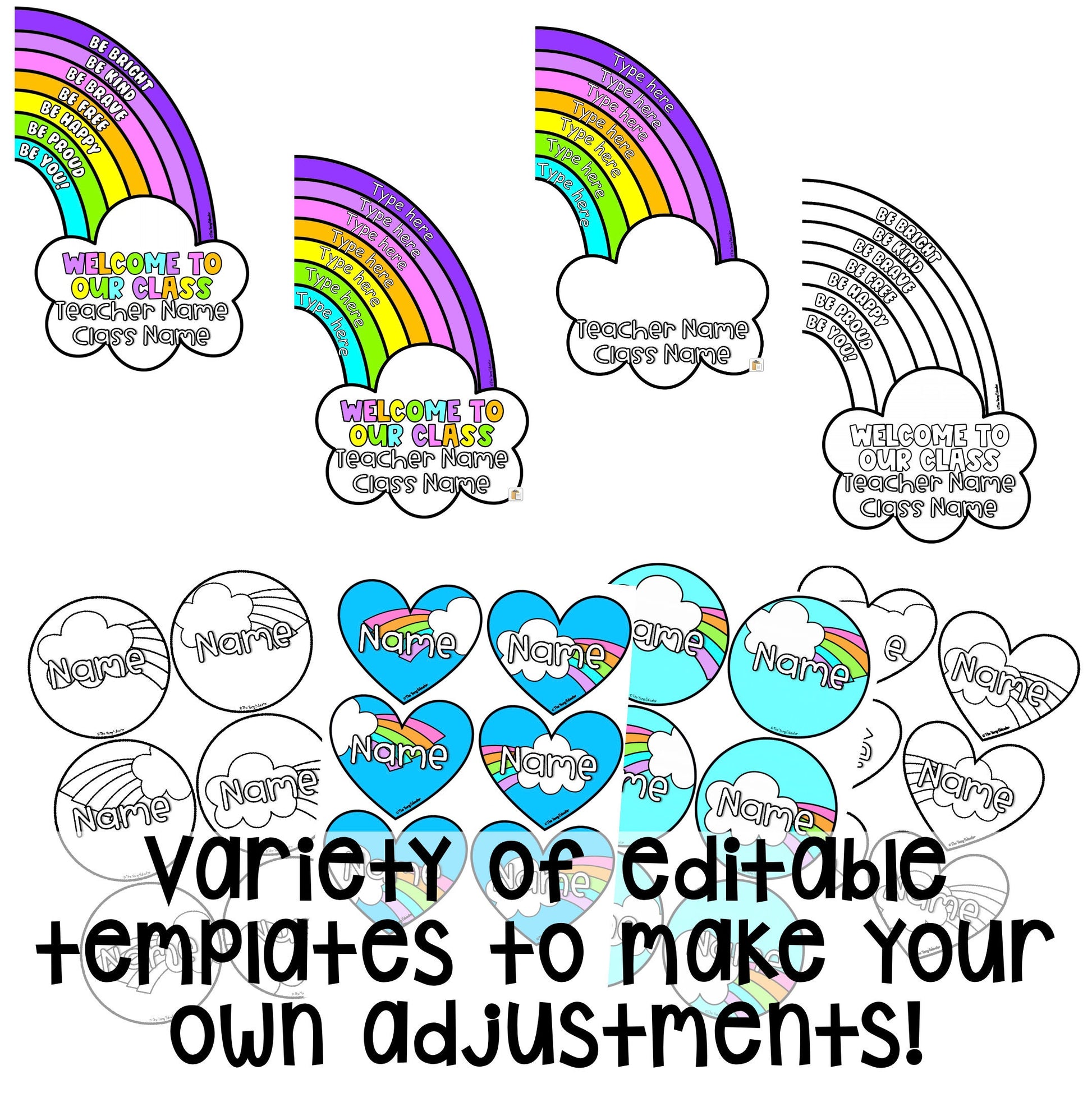 Classroom door display with rainbow affirmations and positive messages for students.
