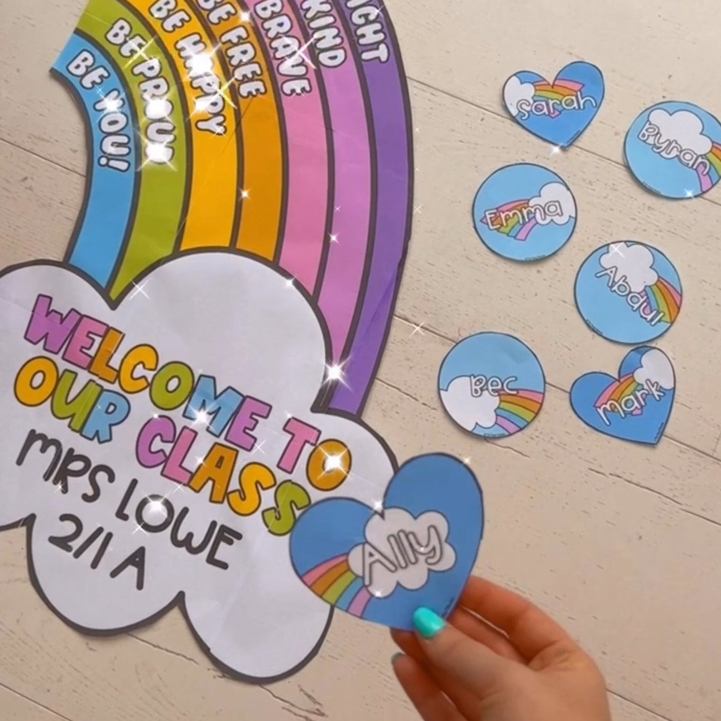 Classroom welcome door displays featuring customizable rainbow-themed affirmations.