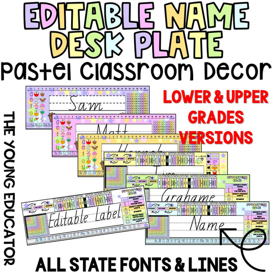 Editable student name tags with pastel rainbow design for desks and tables.