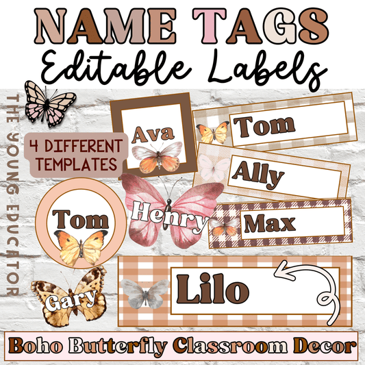 Editable name tags for students featuring multiple shapes and designs for classroom organization.