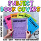 Editable subject book covers for school featuring black-and-white and color designs.