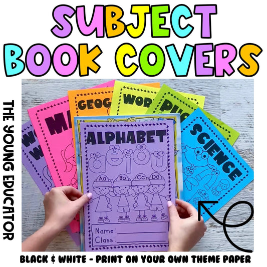 Editable subject book covers for school featuring black-and-white and color designs.