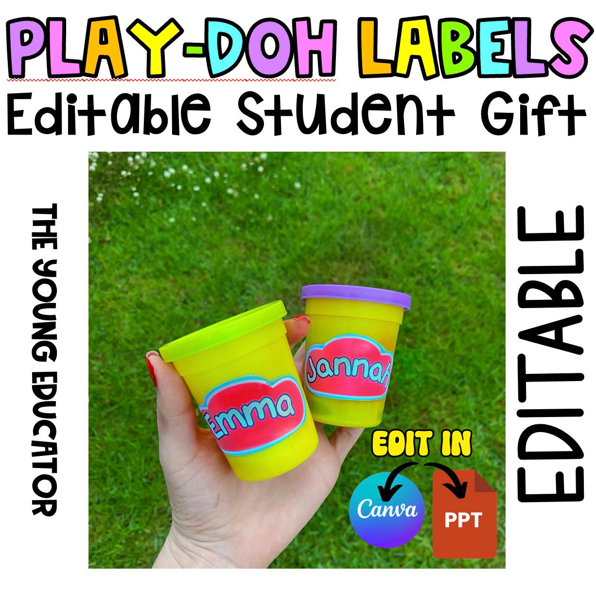 Personalized Play-Doh labels with editable templates for student gifts.