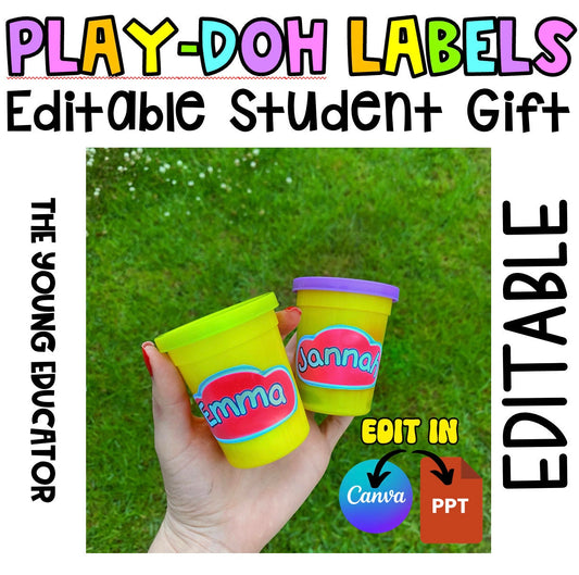 Personalized Play-Doh labels with editable templates for student gifts.