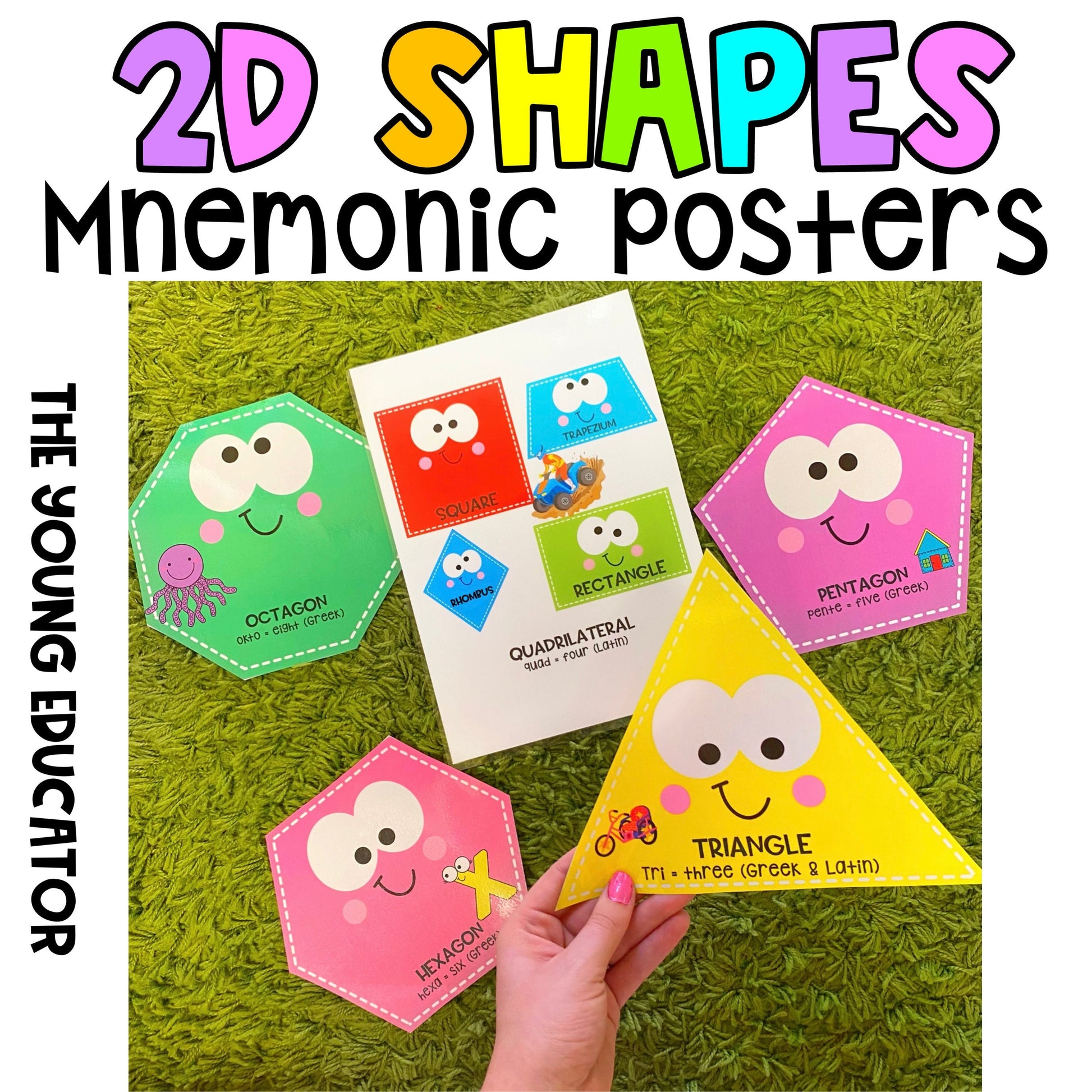 Printable 2D Shape Posters for Classroom – Fun & Interactive Learning with Mnemonics & Etymology Clues. Perfect for Math Displays & Distance Learning!