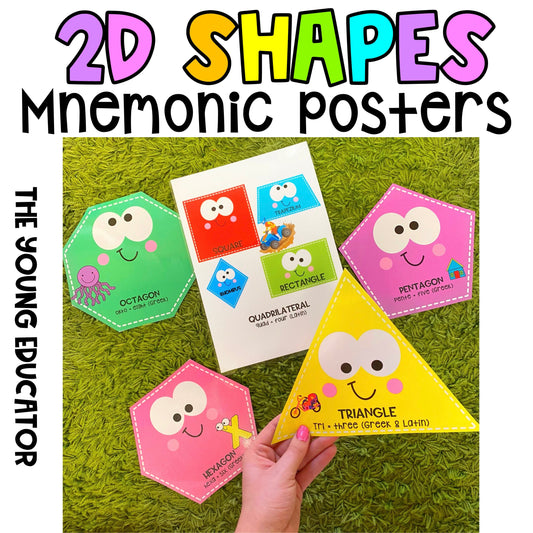 Printable 2D Shape Posters for Classroom – Fun & Interactive Learning with Mnemonics & Etymology Clues. Perfect for Math Displays & Distance Learning!