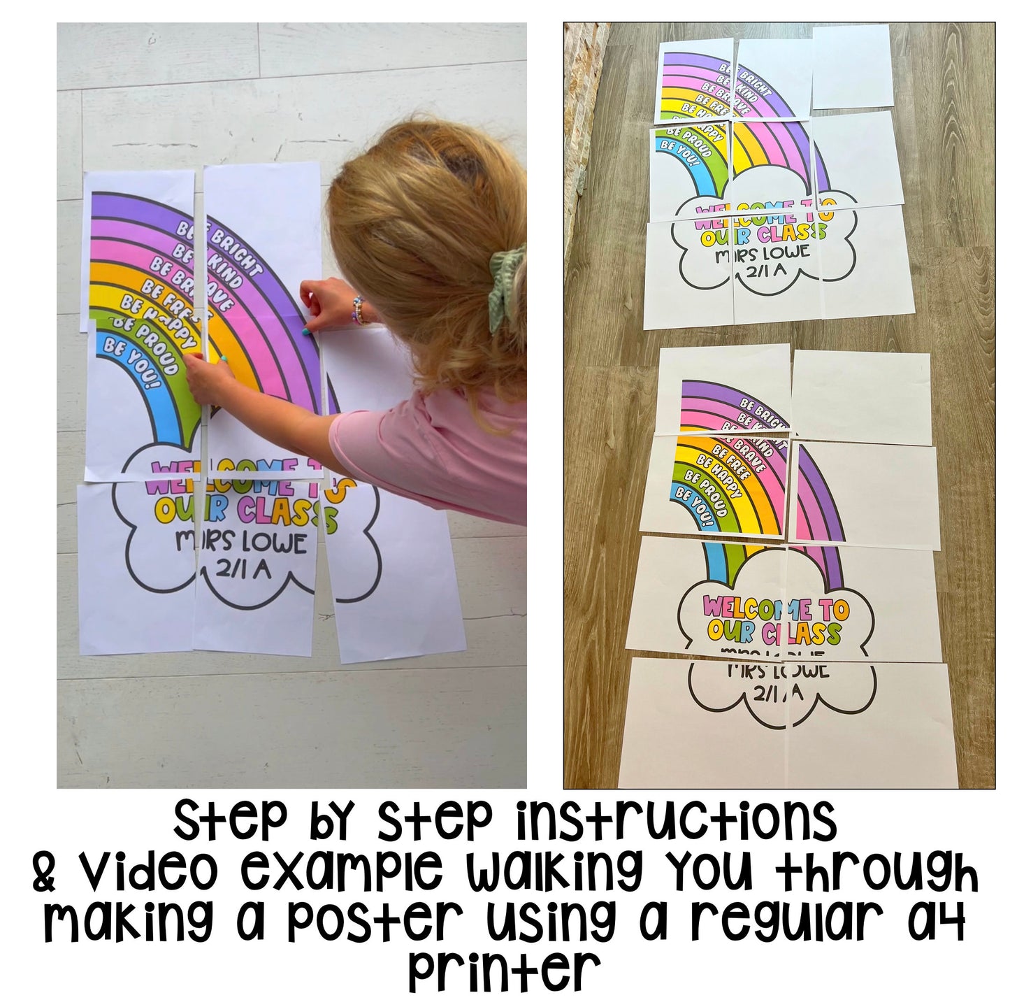 Printable rainbow classroom door decor featuring a large affirmation poster and student name tags.