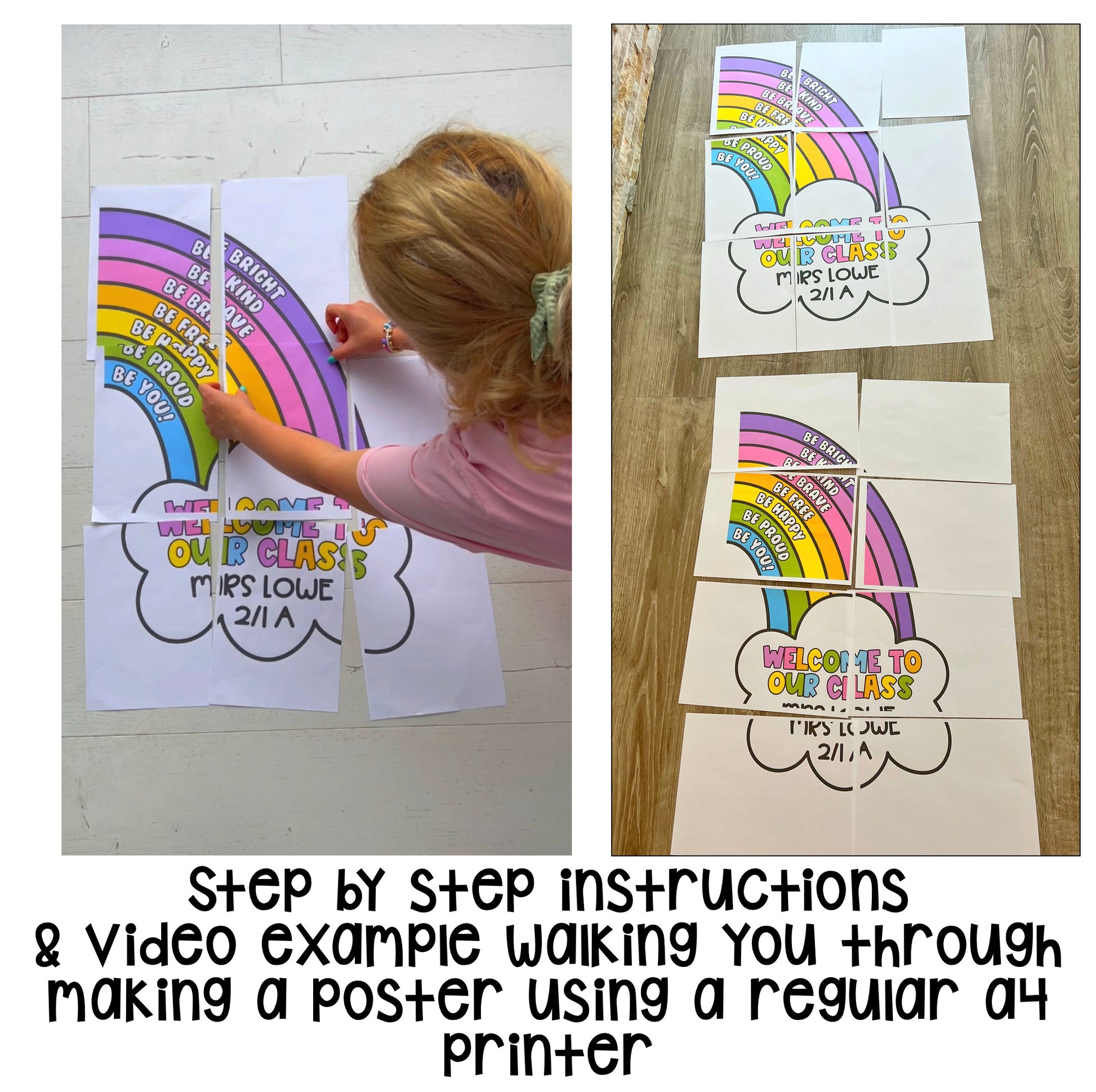 Printable rainbow classroom door decor featuring a large affirmation poster and student name tags.