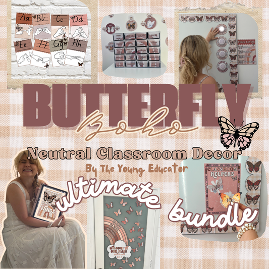 Boho Butterfly Classroom Decor Ultimate Bundle | Neutral Editable Theme