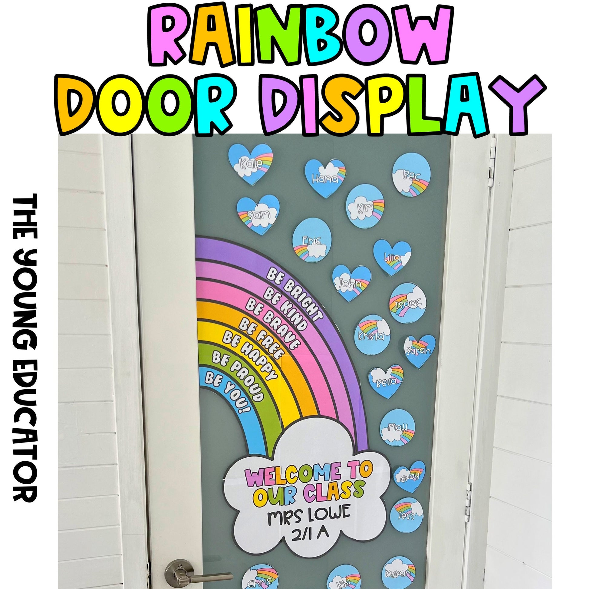 Rainbow classroom door display printable with editable student name templates and affirmations.