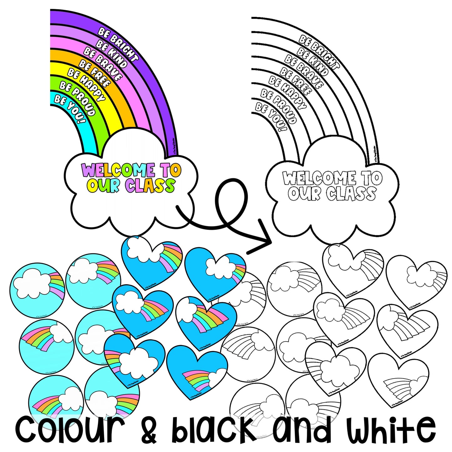 Editable rainbow classroom welcome sign with customizable student name bubbles.
