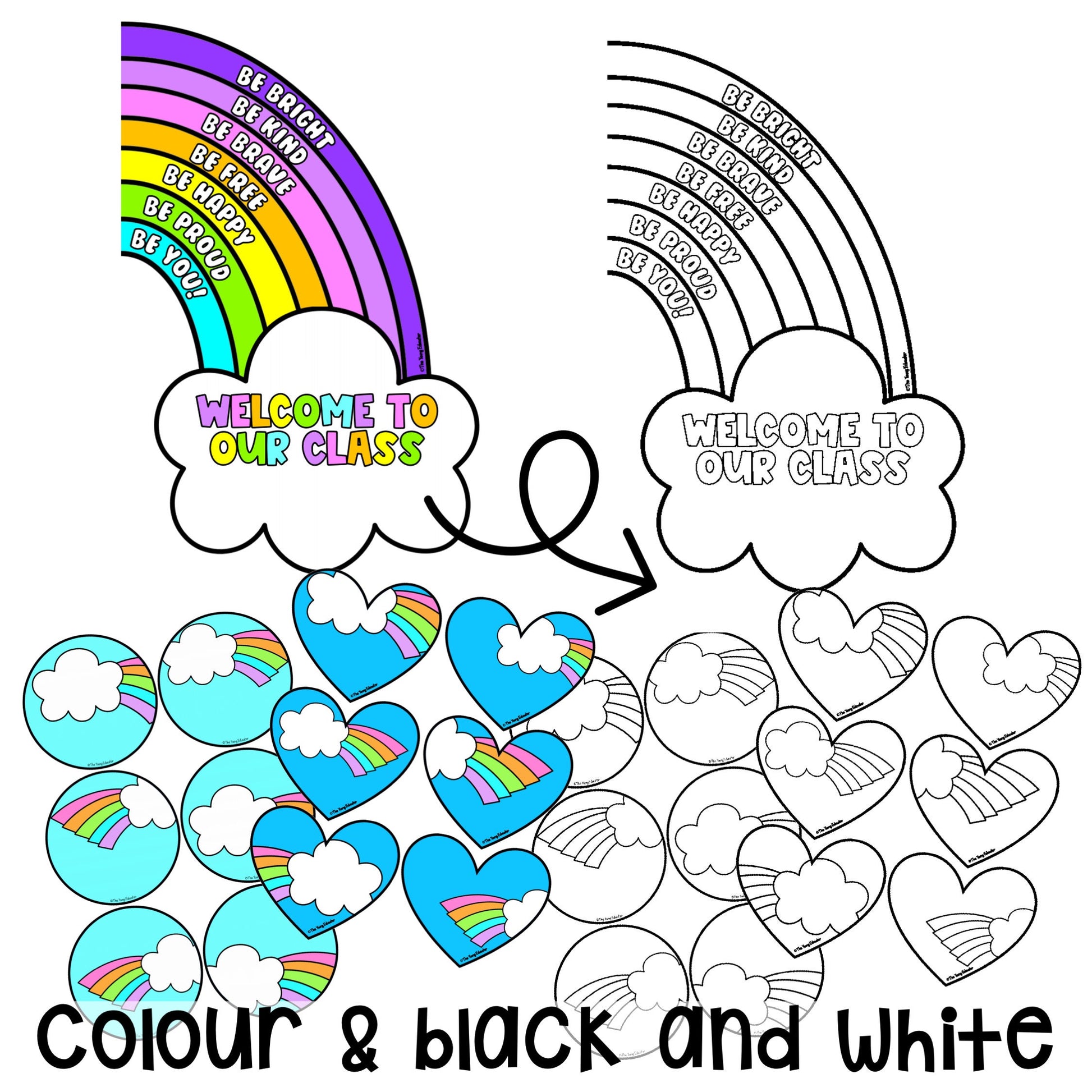 Editable rainbow classroom welcome sign with customizable student name bubbles.
