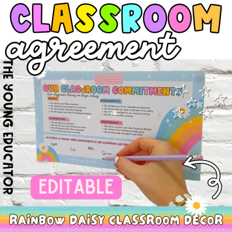 EDITABLE Rainbow Our Class Commitment Agreement / Class Values / Back to School