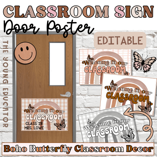Welcome poster for classroom door featuring a Boho Butterfly theme with editable text.