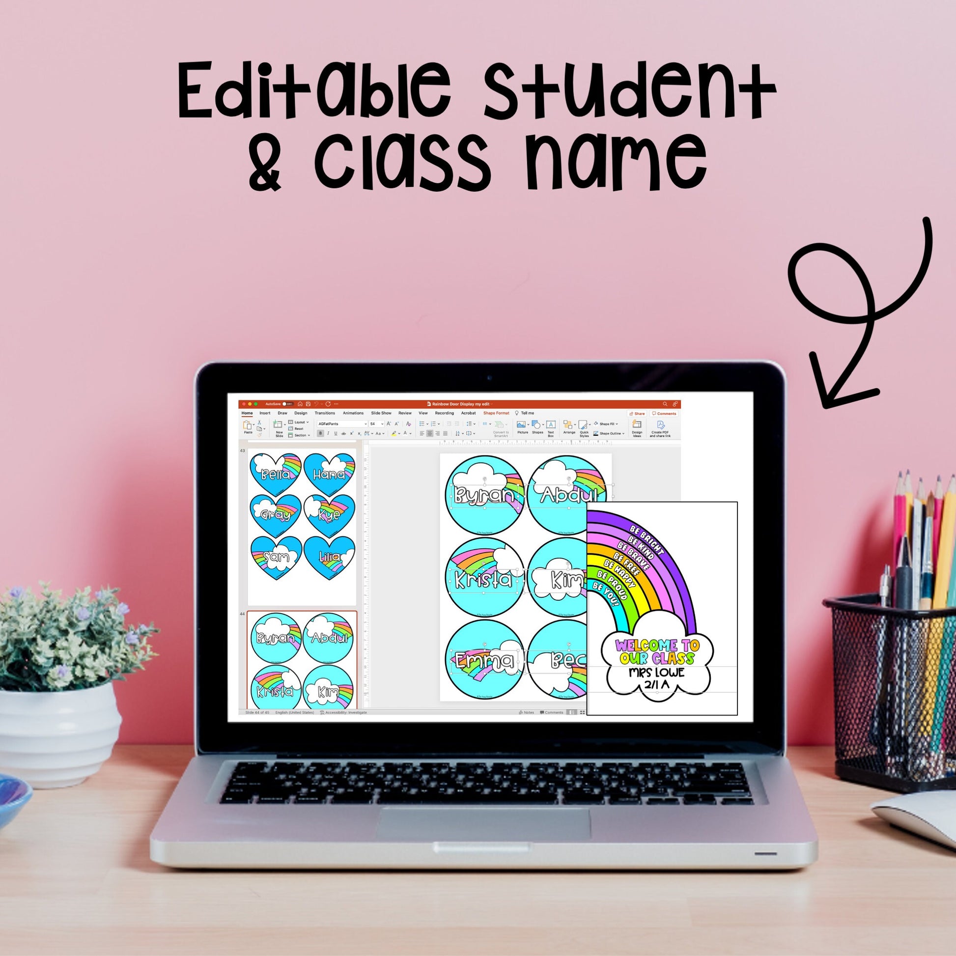 Welcome sign for classroom with rainbow-themed affirmations and editable student name clouds.