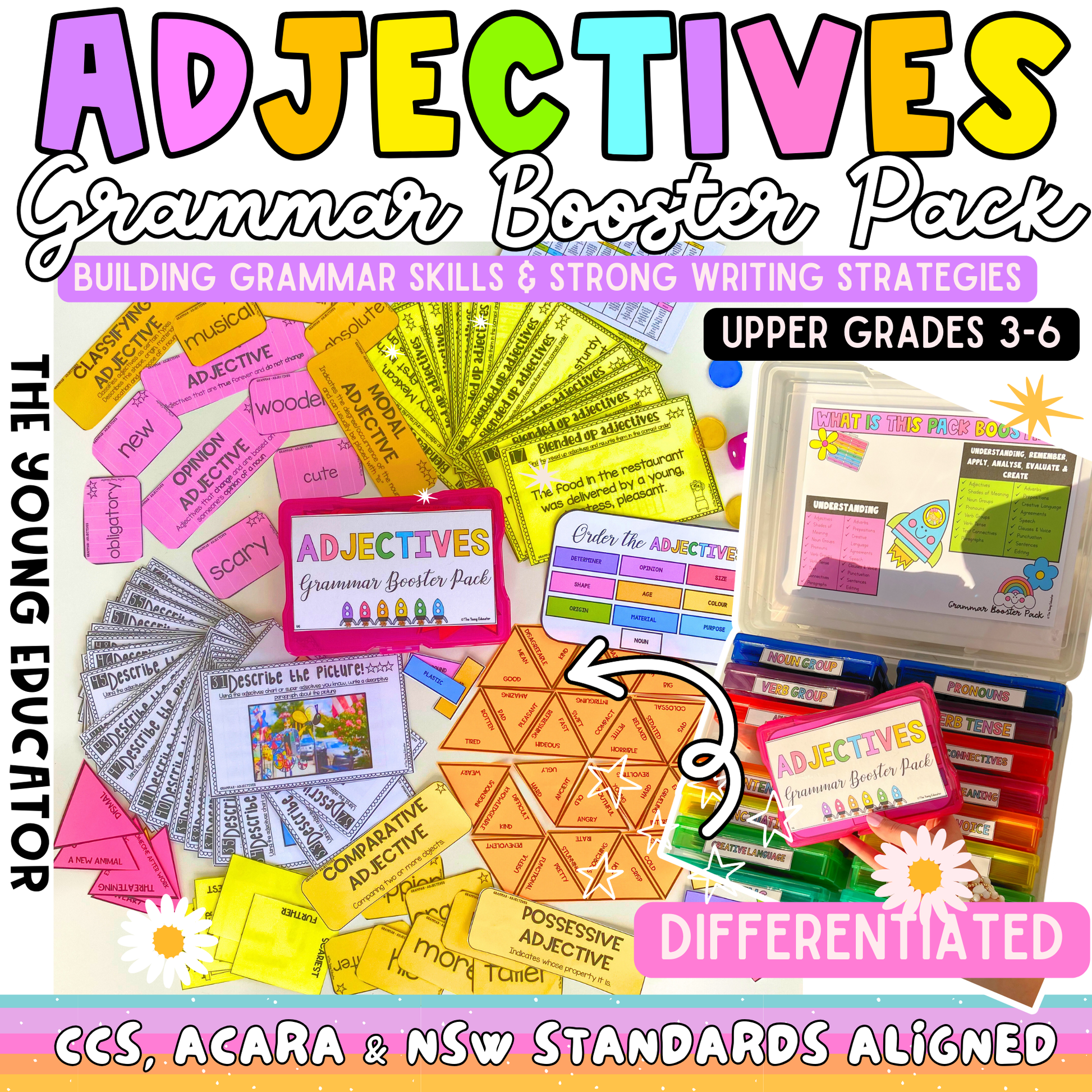 Adjectives Grammar Booster Pack with upper grades adjective activities for enhancing writing skills.